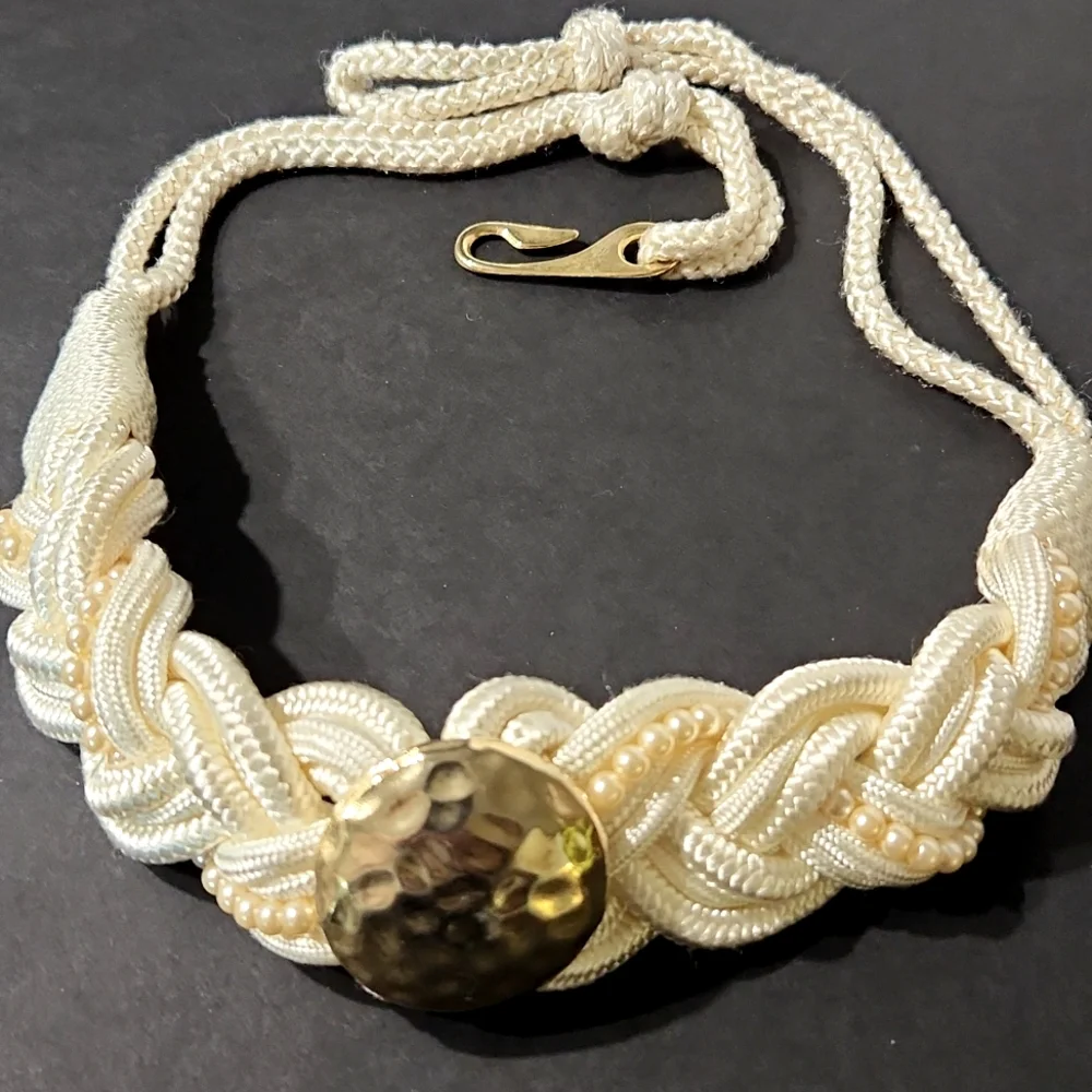 Vintage Elegant Ivory Hammered Gold Satin Braided Belt With Pearl Detail Large